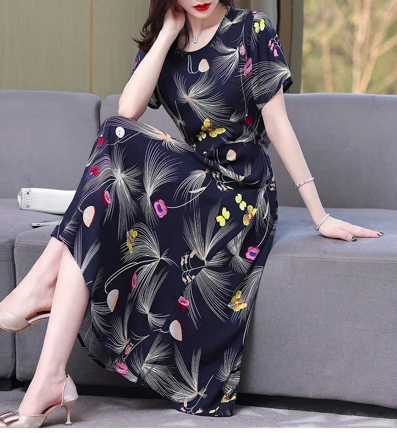New Fashion Casual 2024 Summer Elegant Dresses For Women O-Neck Print Vintage Short Sleeve Dress Loose Women Clothing