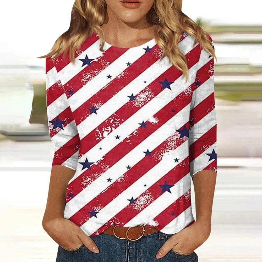 2024 New Women's American Flag Pattern Long Sleeve T-Shirt Designer Trendy Clothing Casual Pullover Round Neck Fashion T-Shirt