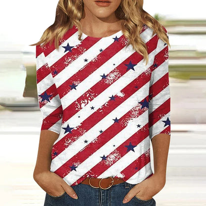 2024 New Women's American Flag Pattern Long Sleeve T-Shirt Designer Trendy Clothing Casual Pullover Round Neck Fashion T-Shirt