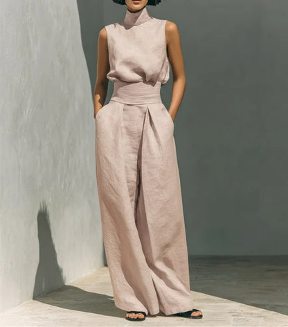 Casual Solid Cotton Linen Two-Piece Set for Women Sleeveless