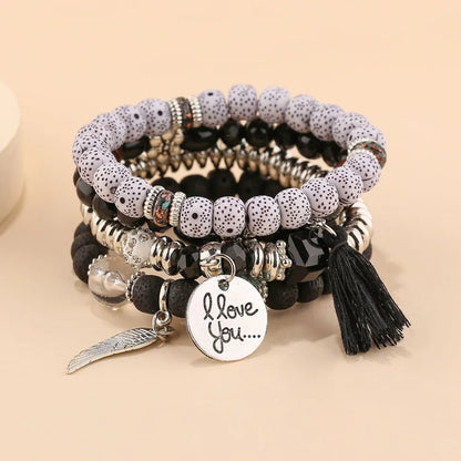 4Pcs/Set Fashion Crystal Stone Beads Chain Bracelet Set For Women I Love You Feather Tassel Charm Elastic Bangle Female Jewelry