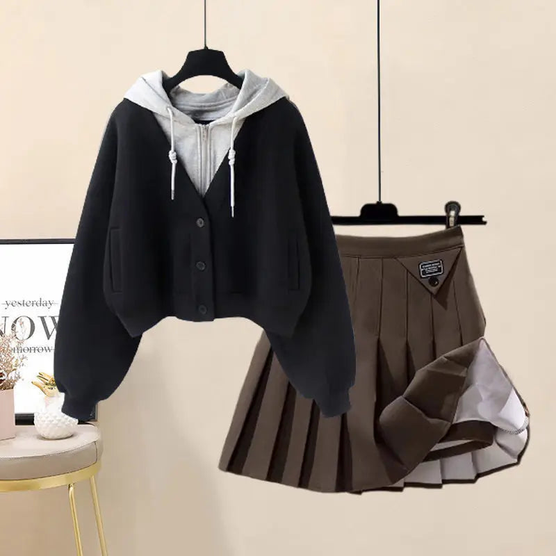 Hooded Zipper Top & Pleated Skirt Set Streetwear