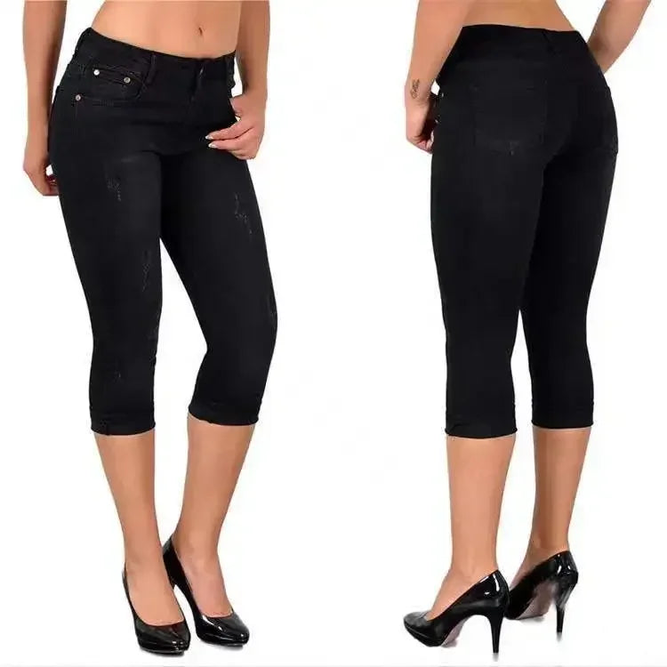 Summer Women's Skinny Denim Pants Mid Waist Stretch Capri Pants Knee