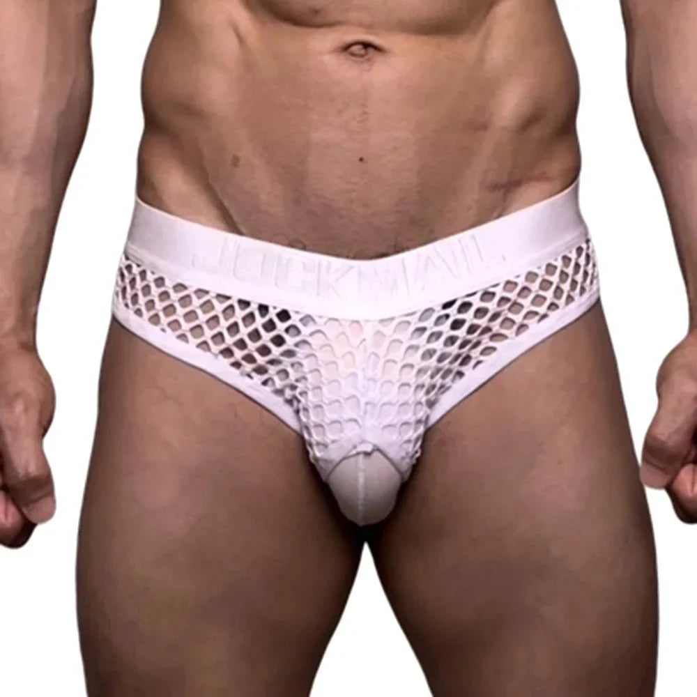 Mens Slip Bikini Jockstrap Briefs Mens Panties Sexy Fishnets Hole Transparent Mesh Ice Silk Men Underwear Sissy Men Underpants