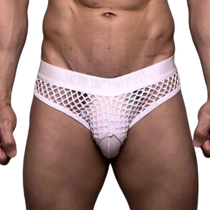 Mens Slip Bikini Jockstrap Briefs Mens Panties Sexy Fishnets Hole Transparent Mesh Ice Silk Men Underwear Sissy Men Underpants