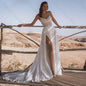 Customized Exquisite Spaghetti Straps V-neck A-line Court Train Wedding Dresses Cut Out Lace Appliques Front Slit Bridal Gowns