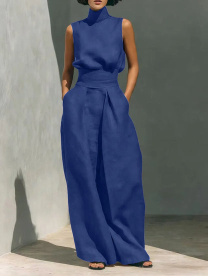 Casual Solid Cotton Linen Two-Piece Set for Women Sleeveless