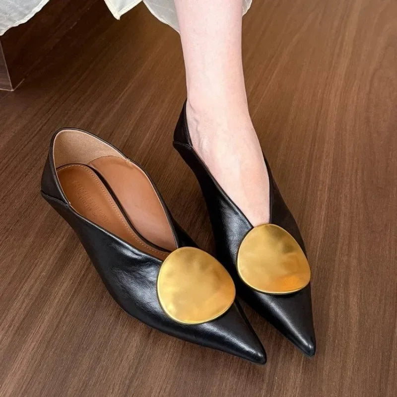 2025all-Match Gold Pointed-Toe Metal Buckle Single Shoes Women Wear