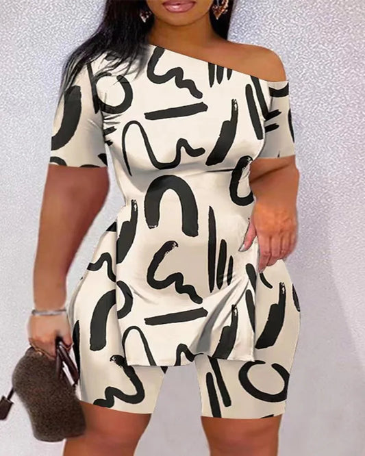 Print Two Piece Shorts Sets Women Skew Collar Short Sleeve Shirts Side Split Tops Pullover Elastic Waist Trousers Summer 2025