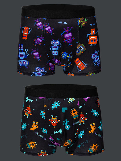 5-pcs Men's trendy graffiti, pixel, cyberpunk print boxer underwear, comfortable and casual and fashionable boxer