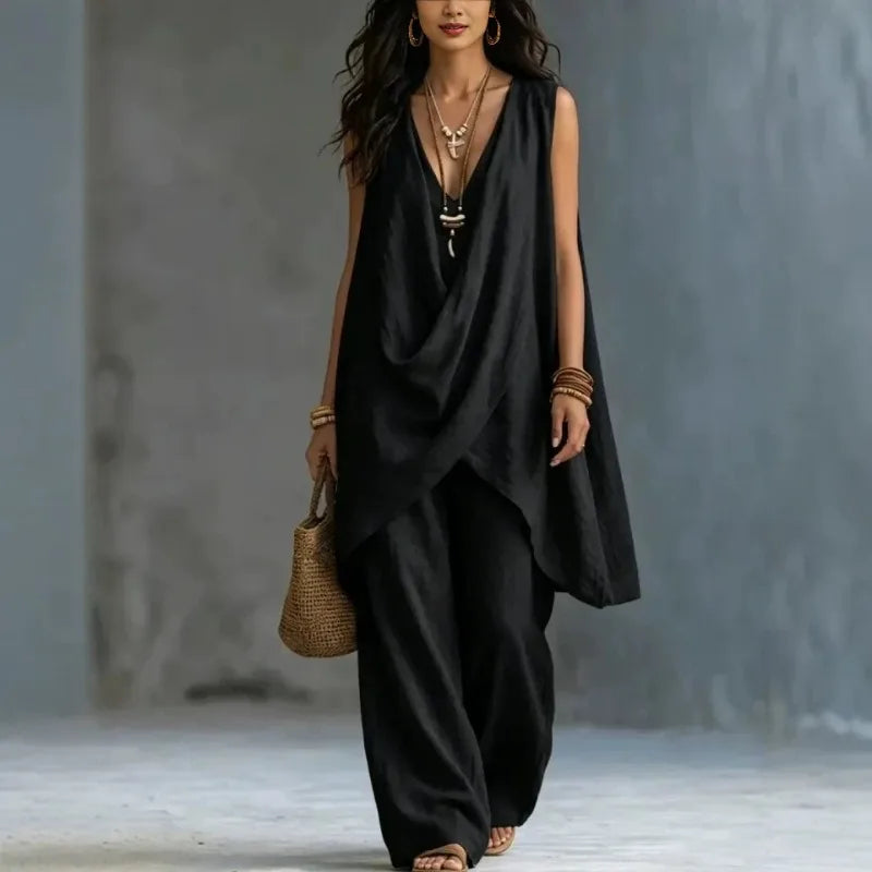 Summer Linen Cotton Sleeveless Stand Collar Set Women Casual Loose Fit