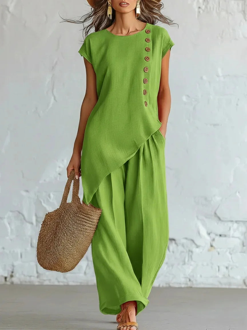 Women 2 Piece Set Elastic Waist Pocket Button Decorate Wide Leg