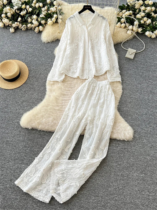SINGREINY Senior Embroidery Leaves Sets Long Sleeves Single Breasted Top+Wide Legs Casual Pants 2025 Korean Women Solid Suits