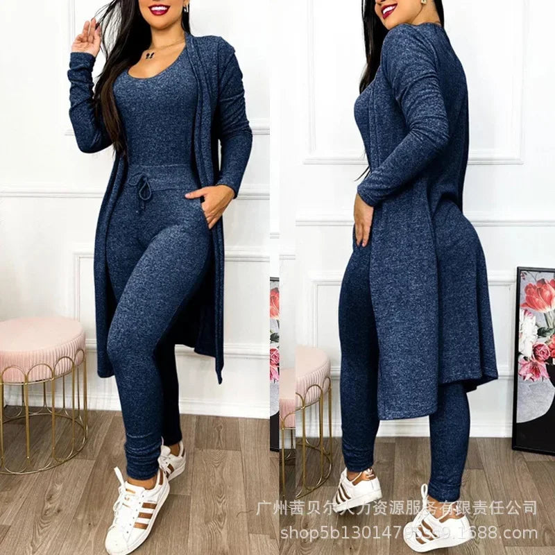 Jumpsuit & Coat Set Autumn Women Drawstring Pocket Pants Sets One