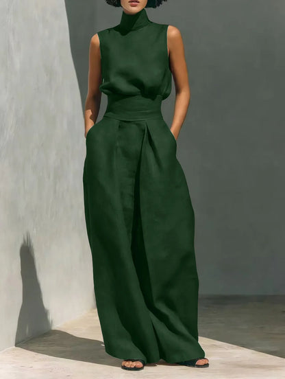 Casual Solid Cotton Linen Two-Piece Set for Women Sleeveless