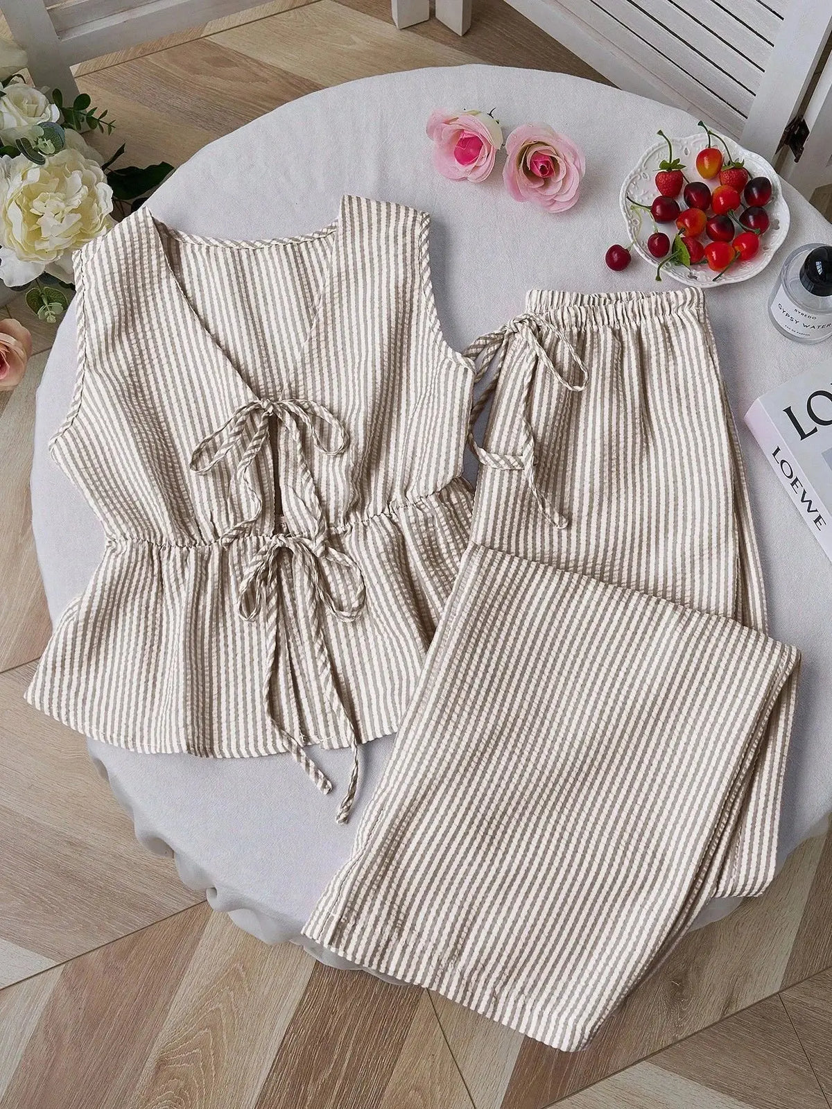 Summer Two Piece Set Women Striped V Neck Lace Up Sleeveless Blouse