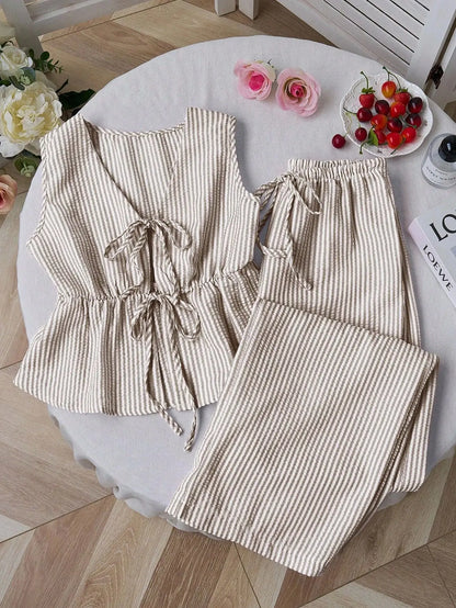 Summer Two Piece Set Women Striped V Neck Lace Up Sleeveless Blouse