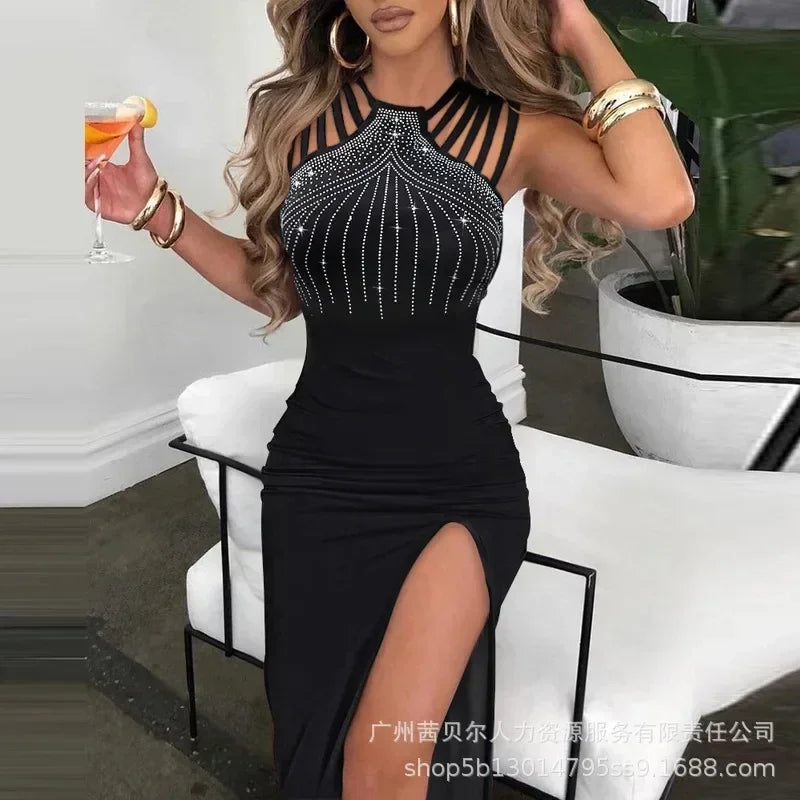 Women Spring Summer Glitter Lurex Halter High Slit Slim Fit Metal Chain Mid-Calf Bodycon Party Dress Sexy