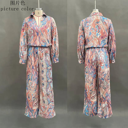 Boho Paisley Print Two-Piece Set for Women Sexy V-Neck Long Sleeve
