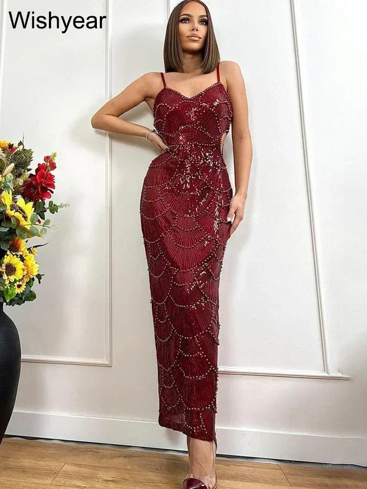 New Sequin Hollow Out Spaghetti Strap Backless Mermaid Long Dresses Women Elegant Celebrity Party Evening Wedding Bodycon Gowns