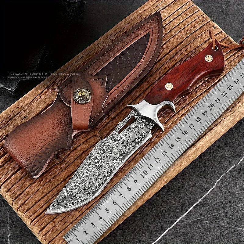 A Large Damascus Handmade Forged Knife - Fixed Blade, Wooden Handle