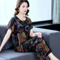 Women Summer Sets NEW Middle Aged Elderly Mother Cotton Silk Suit Casual Print Short Sleeve Top + Pants 2 Piece Set Femme Outfit