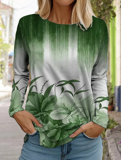 2024 women's fashion tops long sleeve round neck pullover casual long sleeve tshirt new 3d printed striped gradient floral print