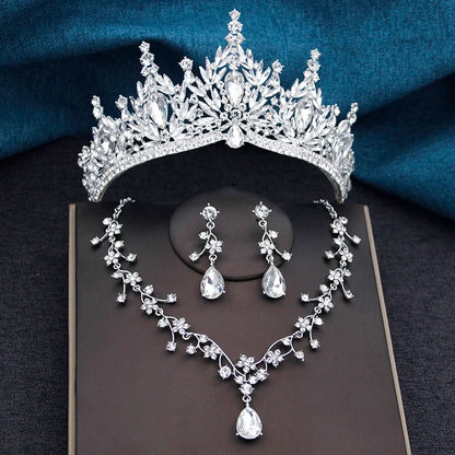 Baroque Wedding Crown for Bride 3-Pack Tiara Earrings Necklace Bridal