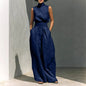 Women 2 Piece Outfit, Sleeveless High Neck Blouse & High Waist Wide