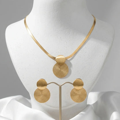 Minimalist Gold Color Herringbone Choker & Earring Set Brushed Textured Double Disc Jewelry Set For Women Daily Office Wear