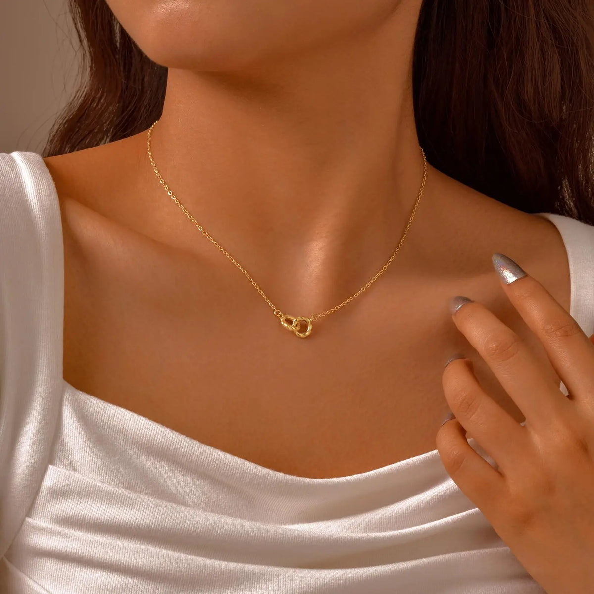 Twist Double Rings Choker Necklace for Women Teen Girl, Simple Stainless Steel Pendant Jewelry Waterproof