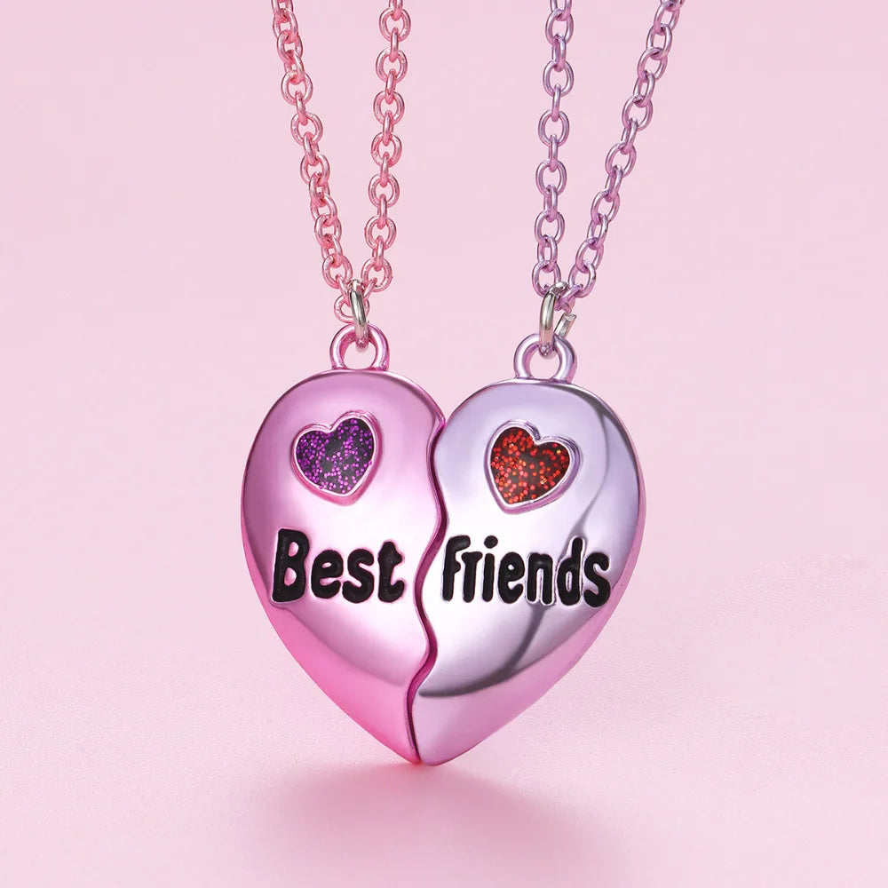 A Girl 2Pcs/set Multicolour Heart-shaped Stitching Best Friend Bestie Necklace BFF Friendship Jewelry Gifts for Girls