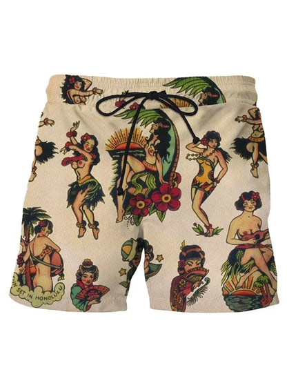 Summer New Men's Shorts Swimming Pants Drawstring Retro Fashion Print Holiday Beach Holiday Hawaiian Micro Elastic Shorts