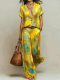 Women's Boho Paisley Print Two-Piece Set V-Neck Short Sleeve Blouse Top Wide Leg Pants Casual Loose Suit for Vacation