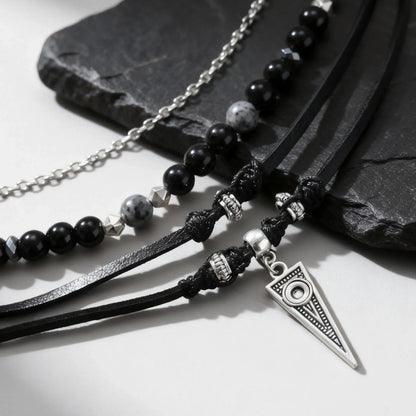 Rock Punk Layering Necklace for Men,Casual Multi Layer Black Leather Necklace,Waterproof Small Geometric Pendant Gift