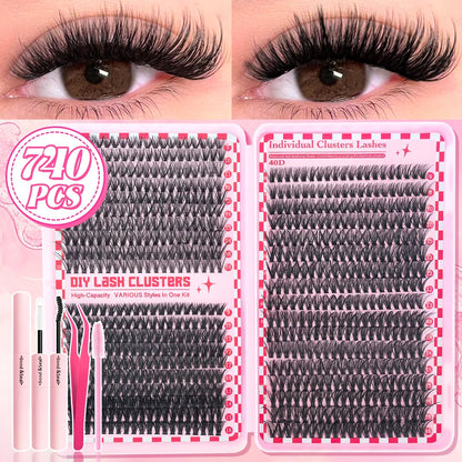 740/800PCS Eyelash Cluster Kit Mixed Lengths Ultra-Light Waterproof Lash Extensions Natural Daily Makeup or Dramatic Glam Look