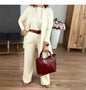 2026 Elegant Ladies Clothing 3 Pieces Set Autumn White Long Cardigan Coat Wide Leg Pants Sets T-shirt  Three-piece Outfit Women
