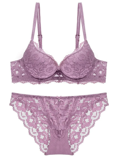 1 Set Elegant Lace Embroidery & Breathable Fabric Lingerie Set: Push-Up Bra, Drop Waist Sheer Panty - Ultimate Valentine's Day