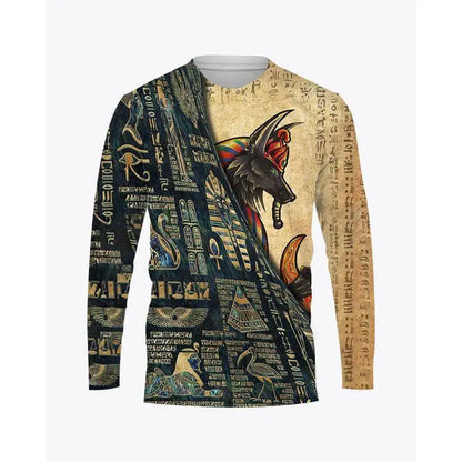 Ancient Egyptian Horus Print Summer Men's O-Neck T-shirt Casual Long Sleeve Oversized Pullover Fashion Tops Trend Men Clothing