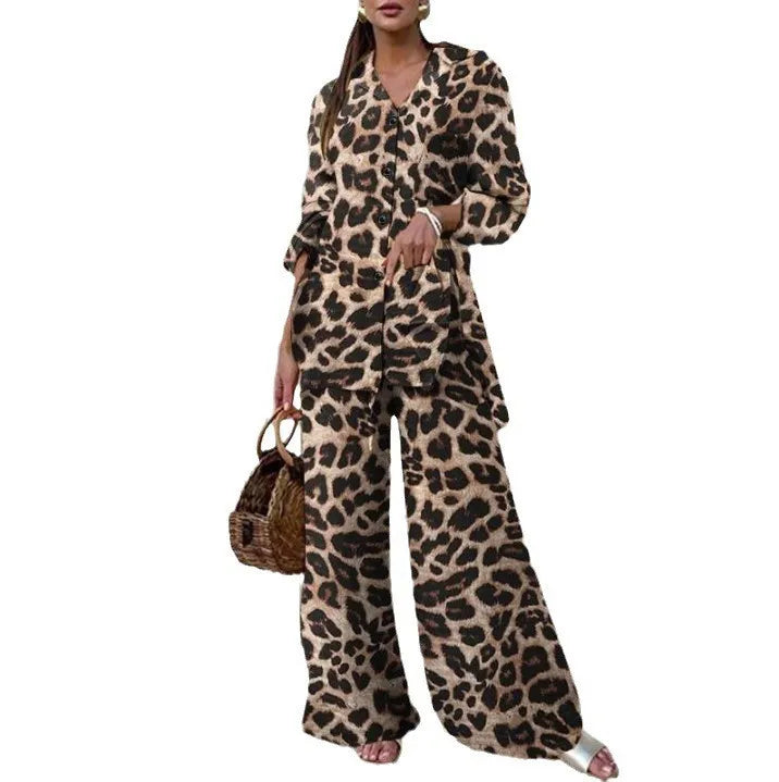 Autumn Fashion Leopard Print Women's Suit Two-Piece Retro Street Print