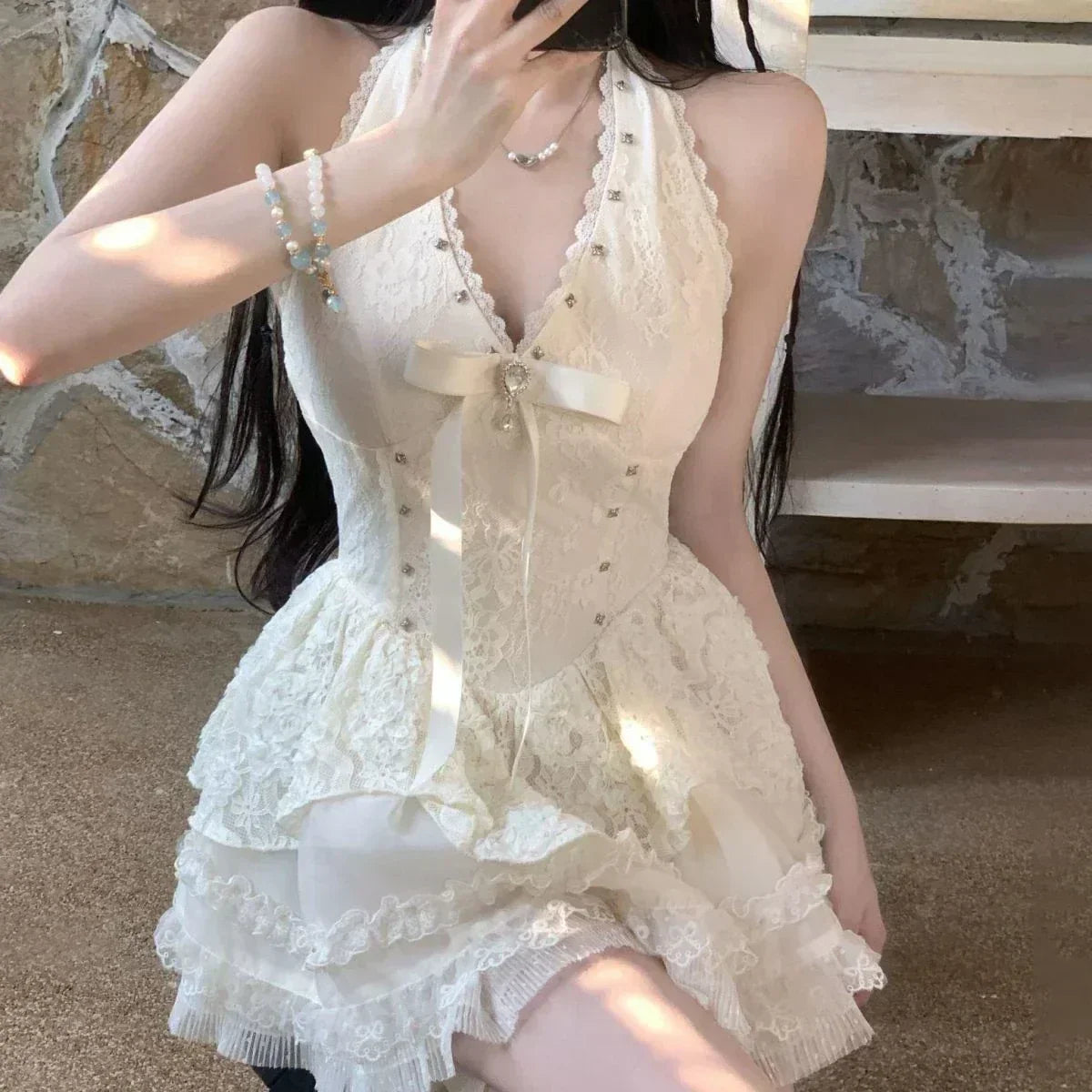 Lolita Kawaii Y2k Colorful Dot Print Dress Women Sweet Sleeveless Mini Dress Outwear One Piece Dress Korean Fashion Clothing