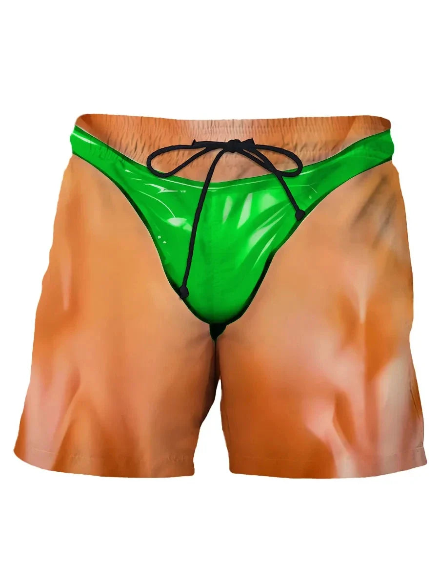 Summer New Men's Board Shorts Swimming Pants Drawstring Funny Shorts Fake Shorts Underwear Printed Micro Elastic Shorts