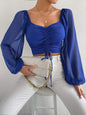 Plus Size Women Tops Drawstring Front Sheer Sleeve Crop T-Shirt Plunge Neck Long Sleeve Ribb-knit Ruched Blouse Spring Summer