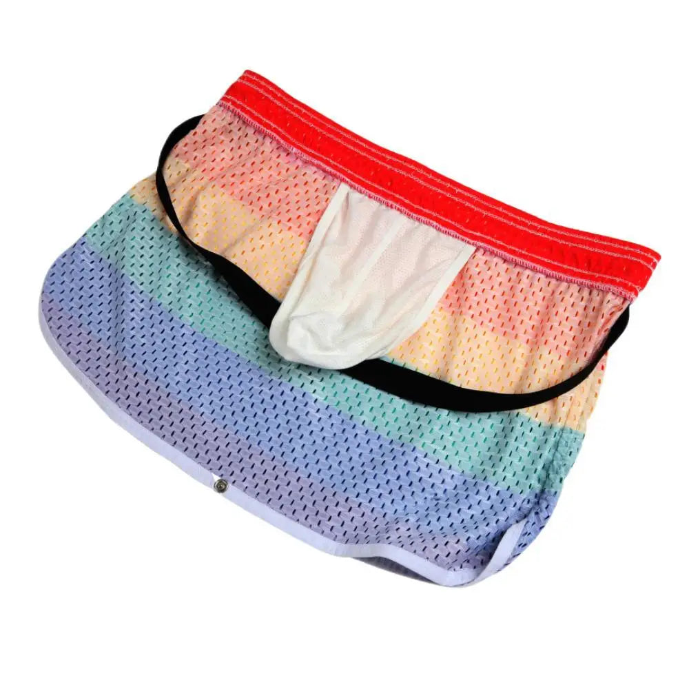 Men's Pajamas Shorts Skirts Breathable Mesh Elastic Underwear Boxer Shorts Sexy Homewear Men Sleep Bottoms Rainbow Shorts