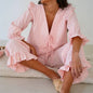 Women's Two Piece Outfits Set Long Sleeve Tie Front Top and Ruffled Wide Leg Pants Y2k Peplum Pajama Sets Homesuits