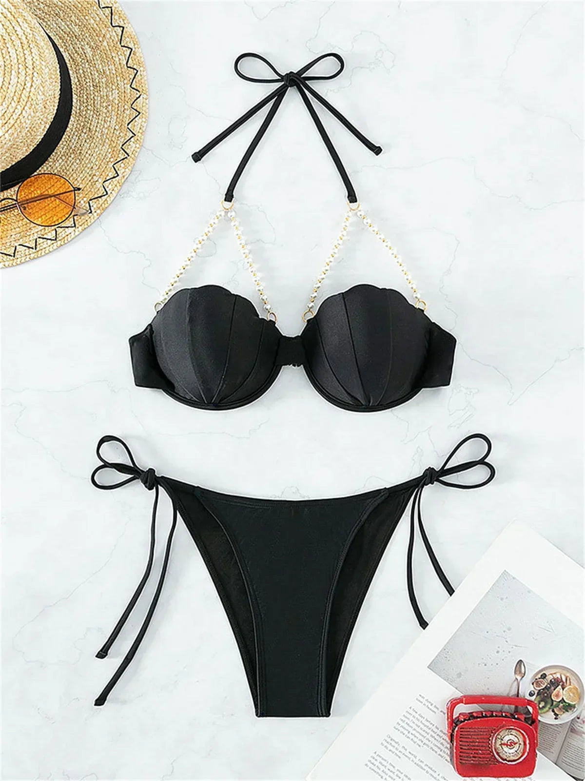 Sexy Shell Shape Underwire Bikini Tie Side Thong Bikinis Swimwear Women 2025 Black Pearls Strap Push Up Bathing Suit Swimsuit