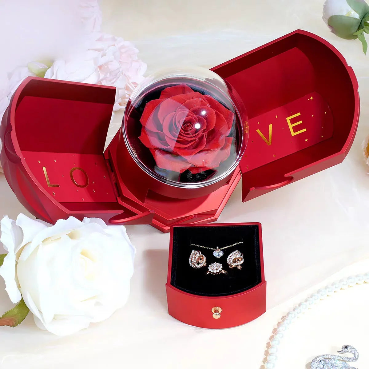 Surprise Flower Jewelry Box - Mysterious Unboxing with Rose Gold Dried Flowers & Hidden Love Drawer - Luxury Birthday Gift for H