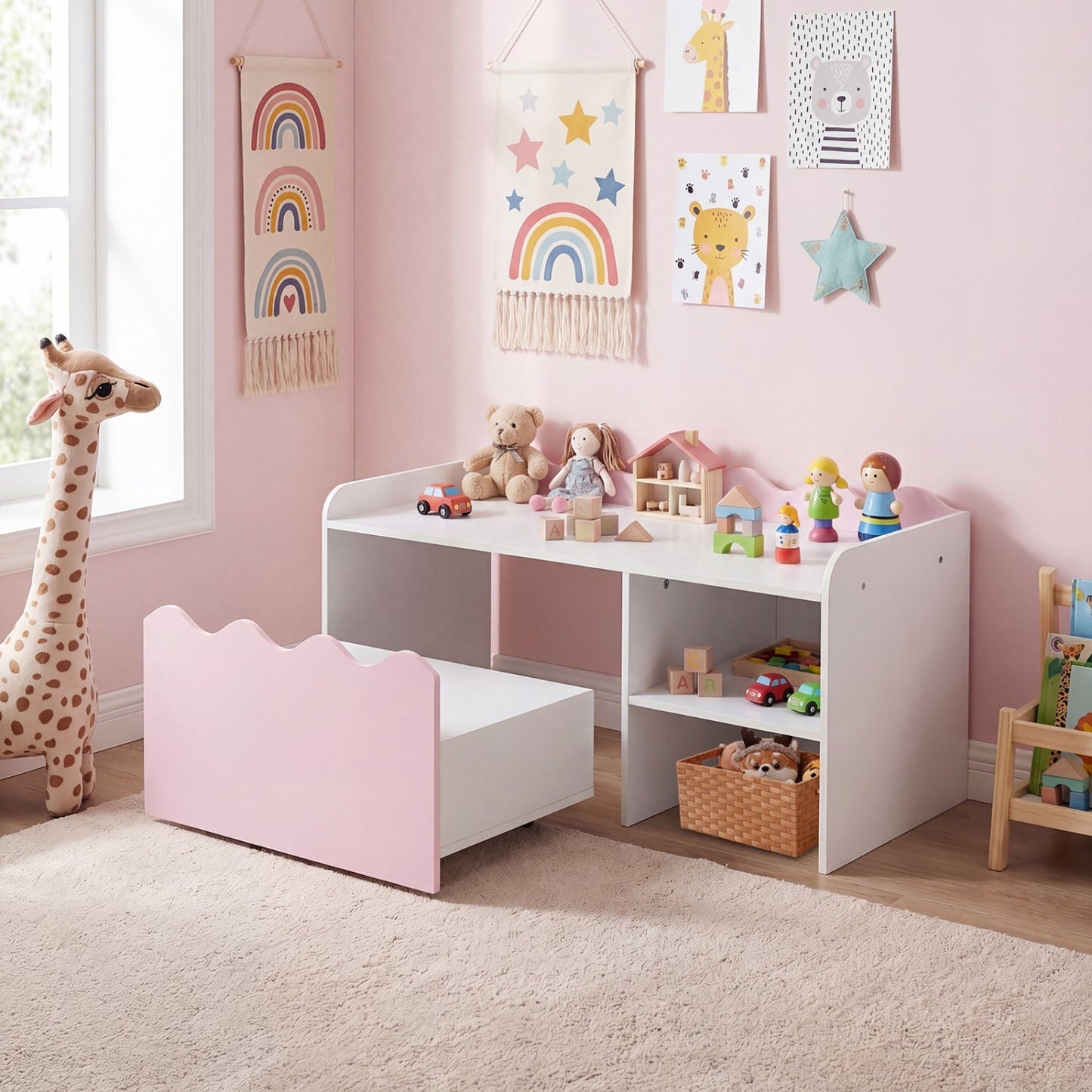Scalloped Kids Bookshelf and Toy Storage Organizer for Playroom