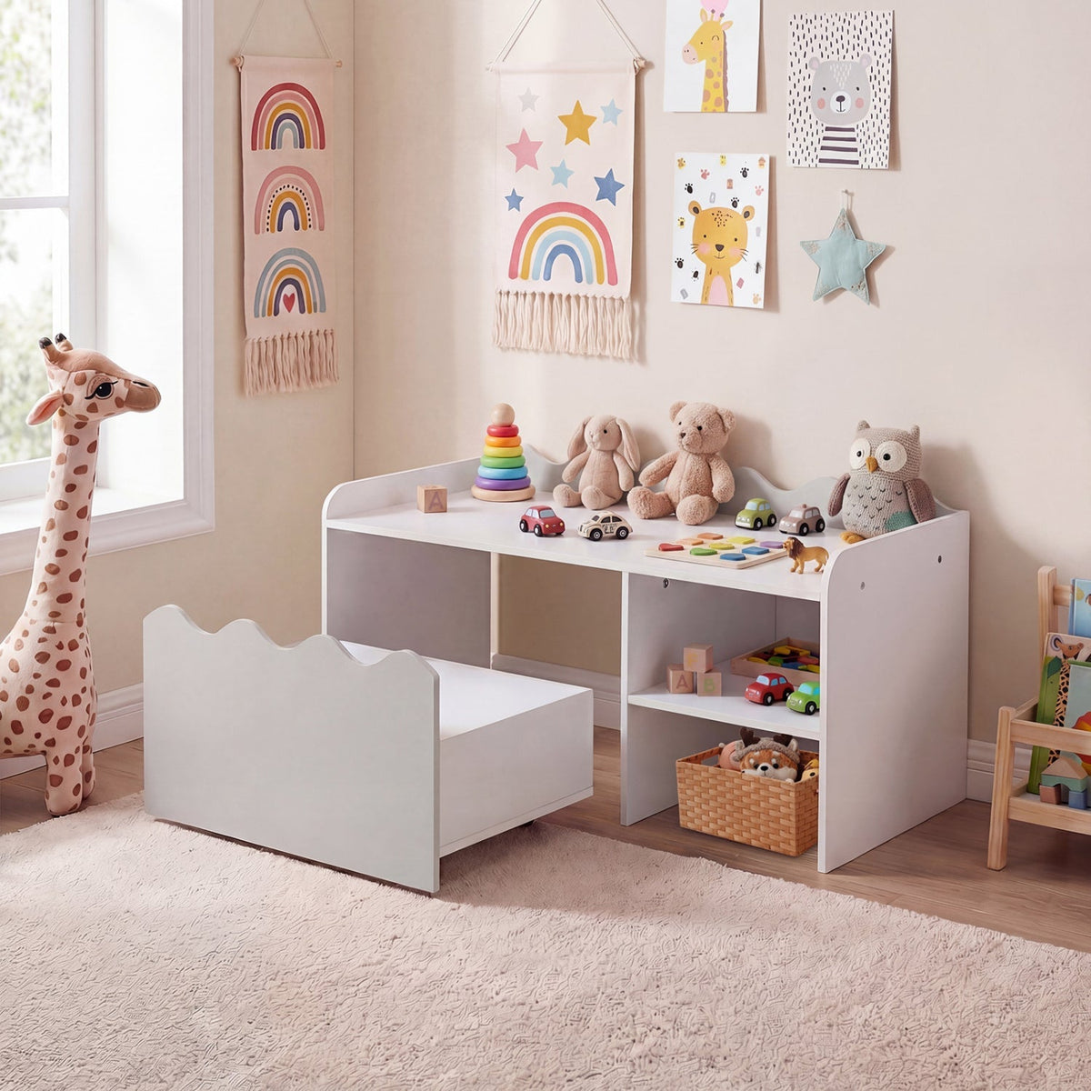 Scalloped Kids Bookshelf and Toy Storage Organizer for Playroom