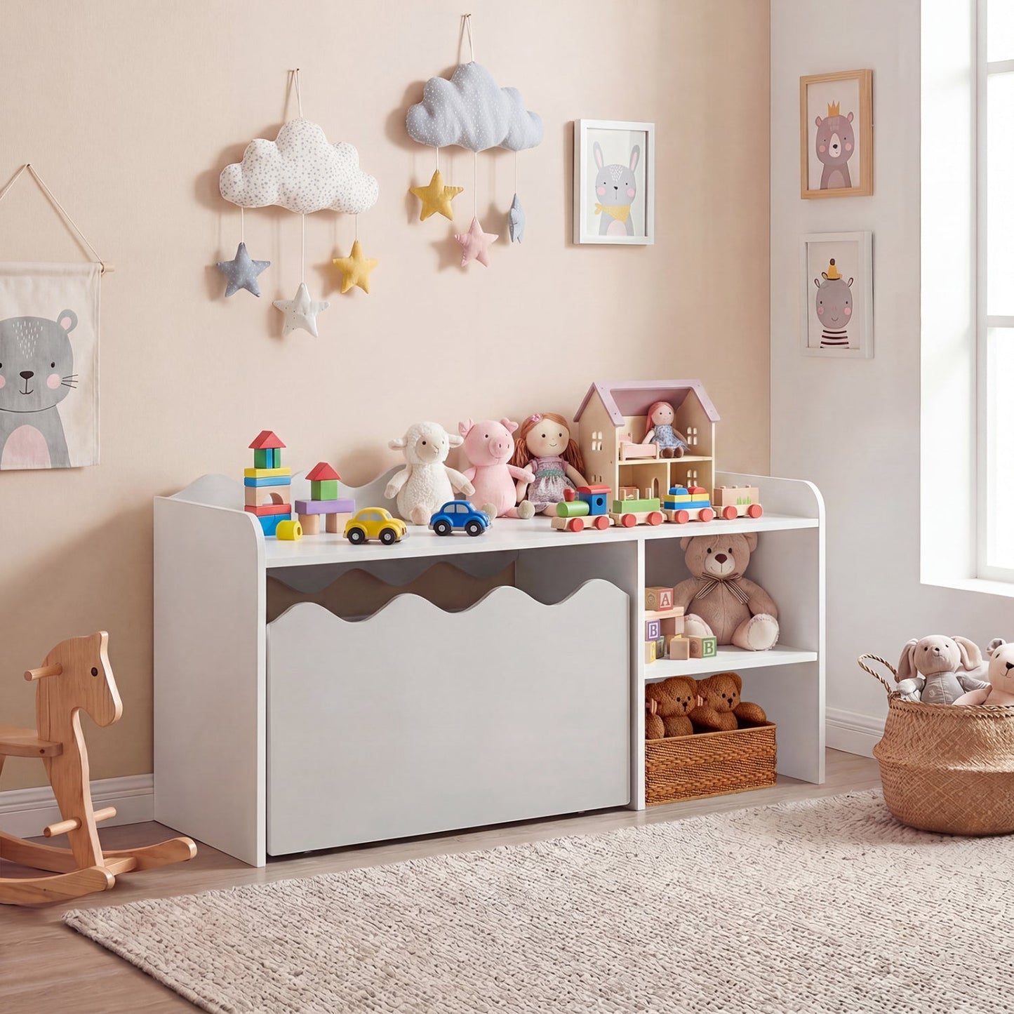 Scalloped Kids Bookshelf and Toy Storage Organizer for Playroom